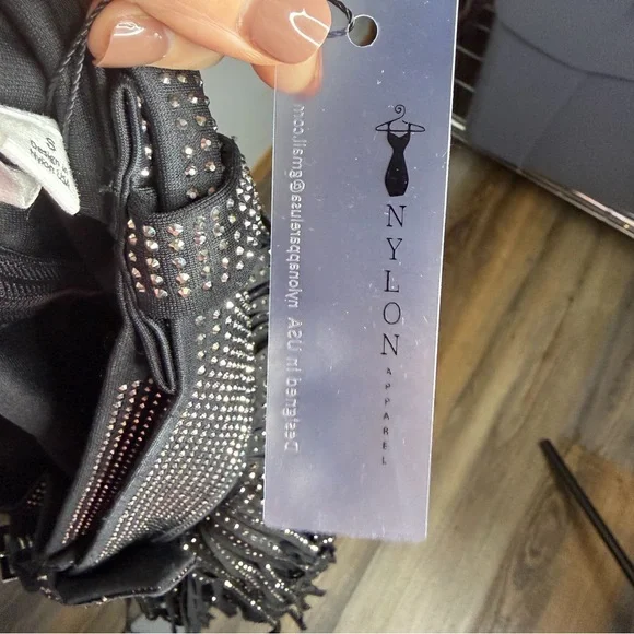 Nylon Apparel Rhinestone Multilayered Tassel Belted Mini Skirt Small Black New - Picture 8 of 8
